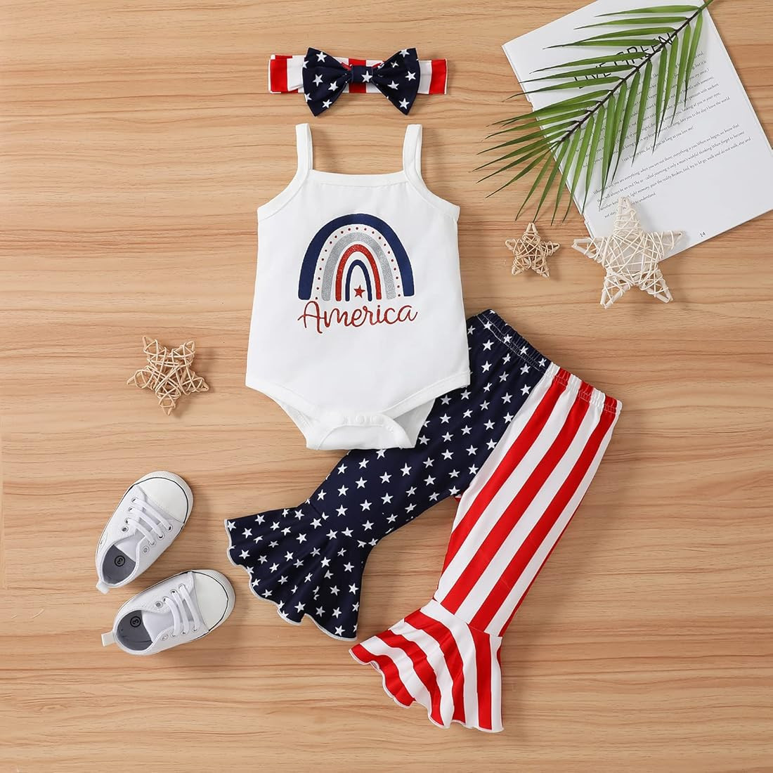 ADXSUN 4th of July Baby Girl Outfits Newborn Rainbow/Heart Romper+Stars Stripe Flared Pants Cloth... | Amazon (US)