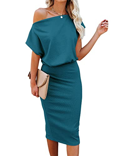 EZBELLE Women's Summer Dress Off The Shoulder Short Sleeve Ribbed Casual Party Bodycon Midi Dress... | Amazon (US)