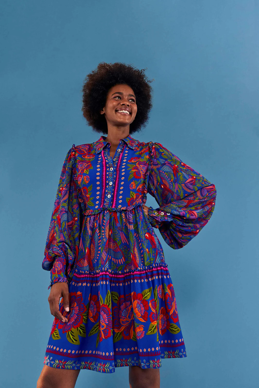 Blue Macaw Flight Long Sleeve Mini Dress | FarmRio (US)