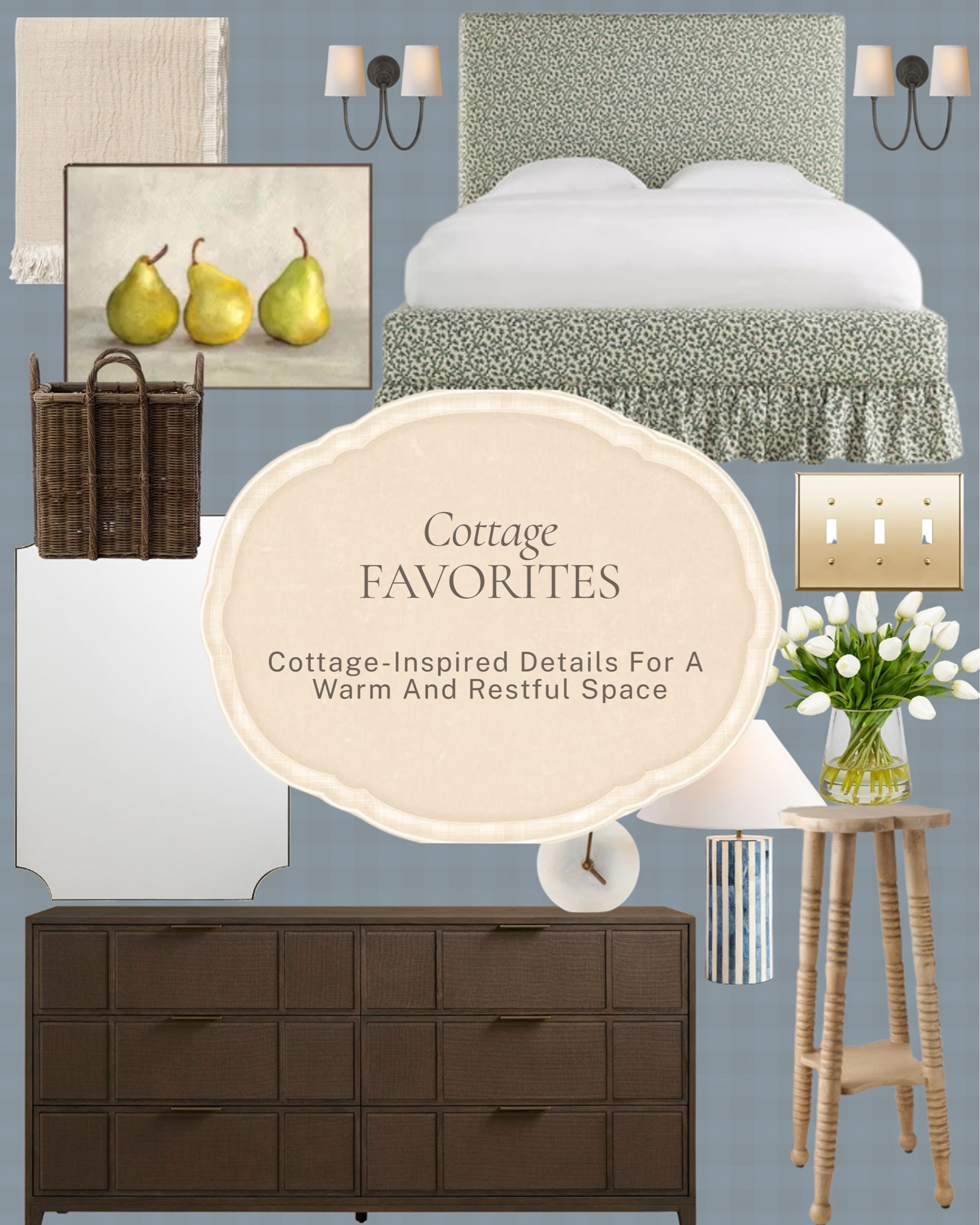 Cottage-inspired details for a warm, restful bedroom. 

A floral upholstered headboard, a brass switch plate, a striped ceramic lamp, fresh tulips, and a turned-leg side table, the small pieces that make a bedroom feel finished.

Shop the pieces here! #LTKhome