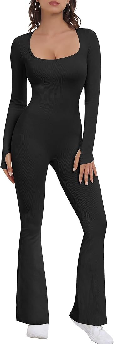 OEAK Womens Flare Jumpsuit Ribbed Playsuit Square Neck Seamless Bodycon Long Sleeve Romper Tummy ... | Amazon (US)