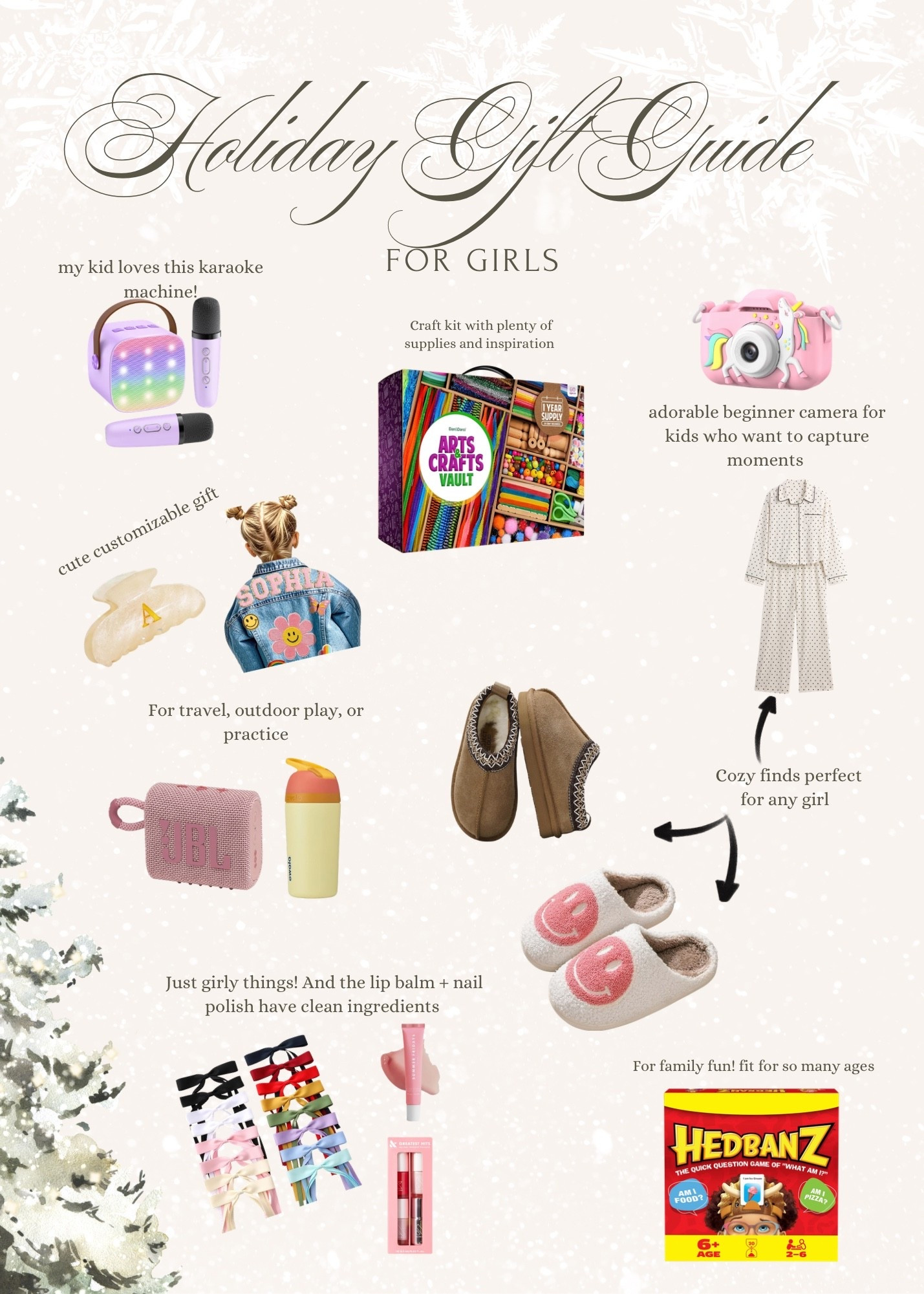 Gift guide fit for girls from 5-11 years old 

Arts and crafts 
Karaoke machine 
Custom gifts 
Customizable gifts 
Custom denim jacket 
Hair clip 
Hair accessories 
Hair bows 
Girl pajamas 
Camera 
Slippers 
Lip balm 
Board game 
Stainless steal cup 
Bluetooth speaker 

#LTKHoliday #LTKKids #LTKGiftGuide