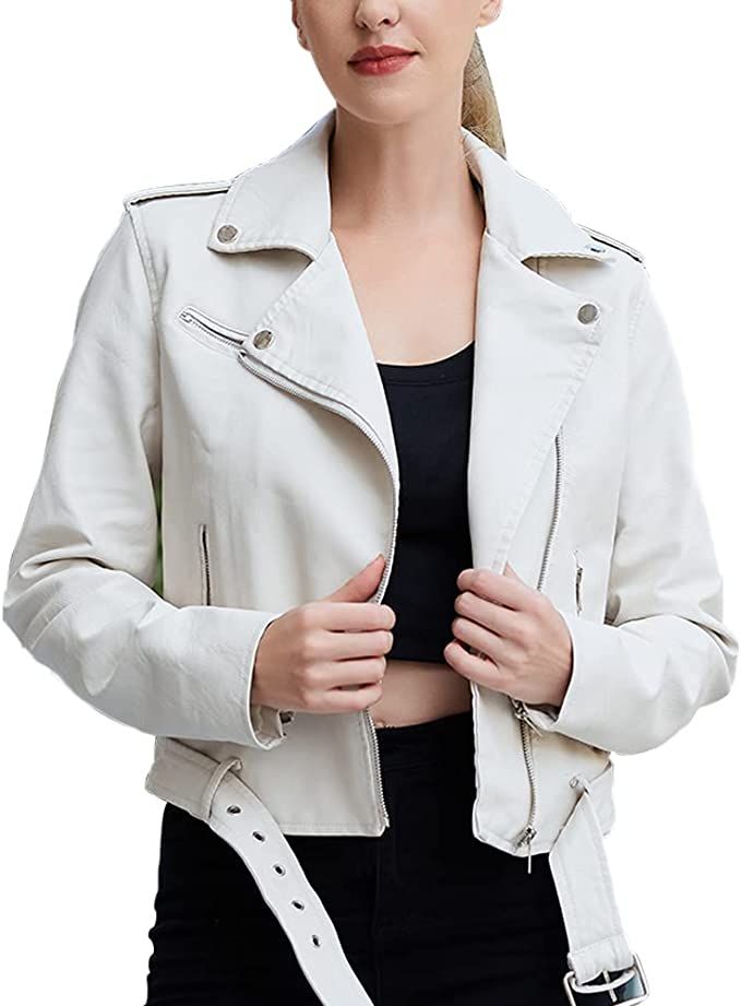 RIJING Women's Faux Leather Belted Motorcycle Jacket Ladies Fashion Casual Slim Short Coat Lightw... | Amazon (US)