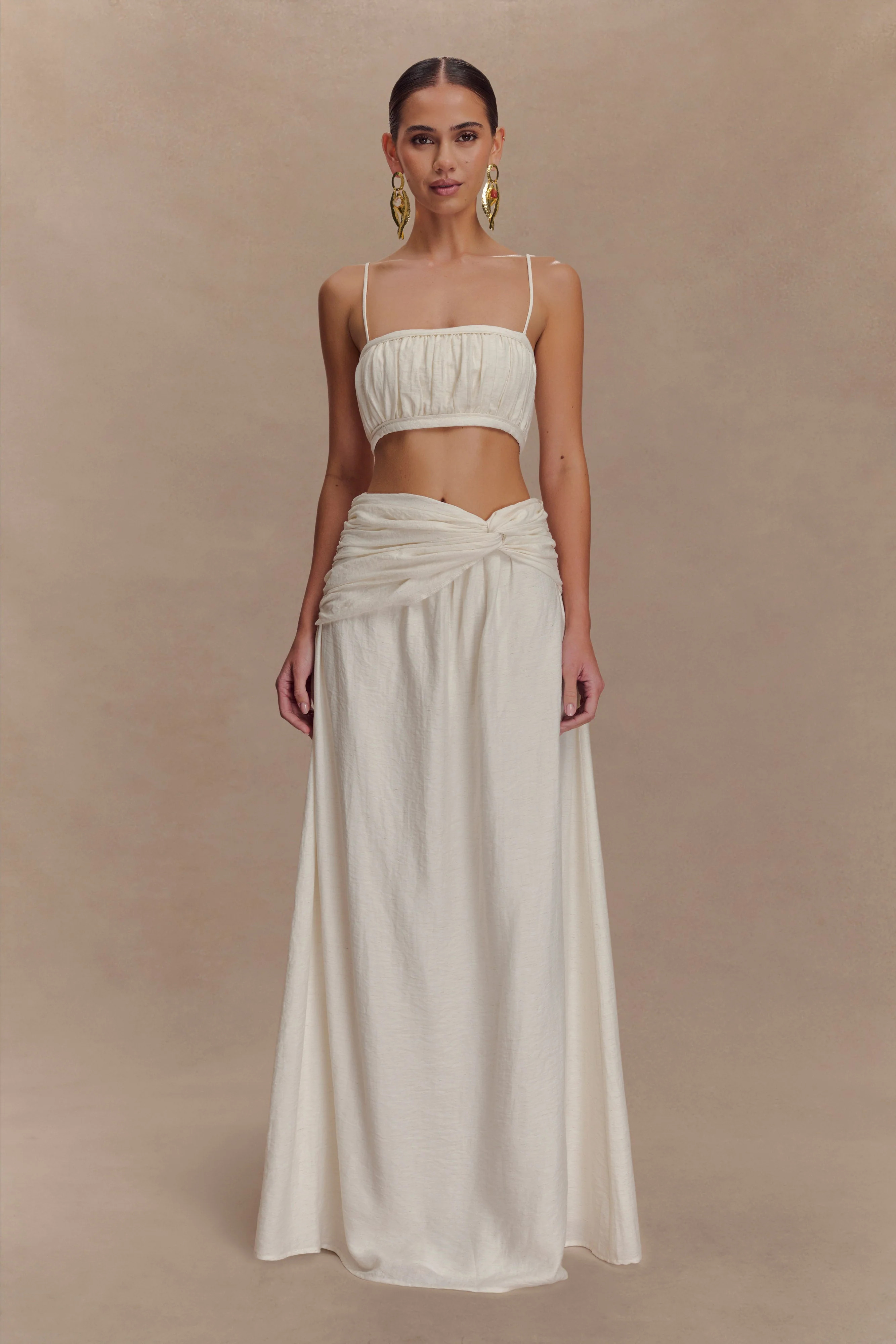 Scottie Gathered Linen Knot Maxi Skirt - Oat Marle | MESHKI US
