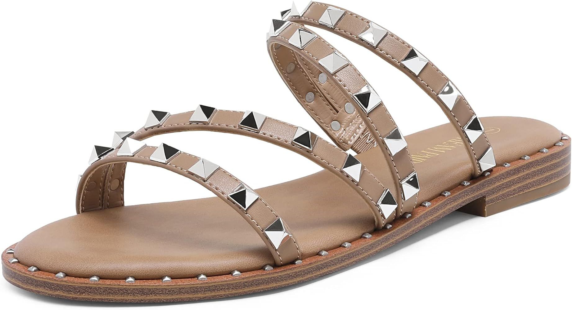 DREAM PAIRS Women's Clear Studded Rhinestone Slide Sandals Slip on Open Toe Cute Flat Sandals for Su | Amazon (US)