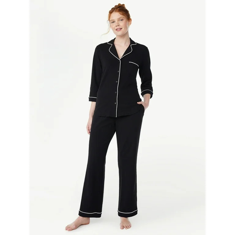 Joyspun Women’s Cotton Blend Notch Collar Top and Pants Pajama Set, 2-Piece, Sizes S-4X | Walmart (US)