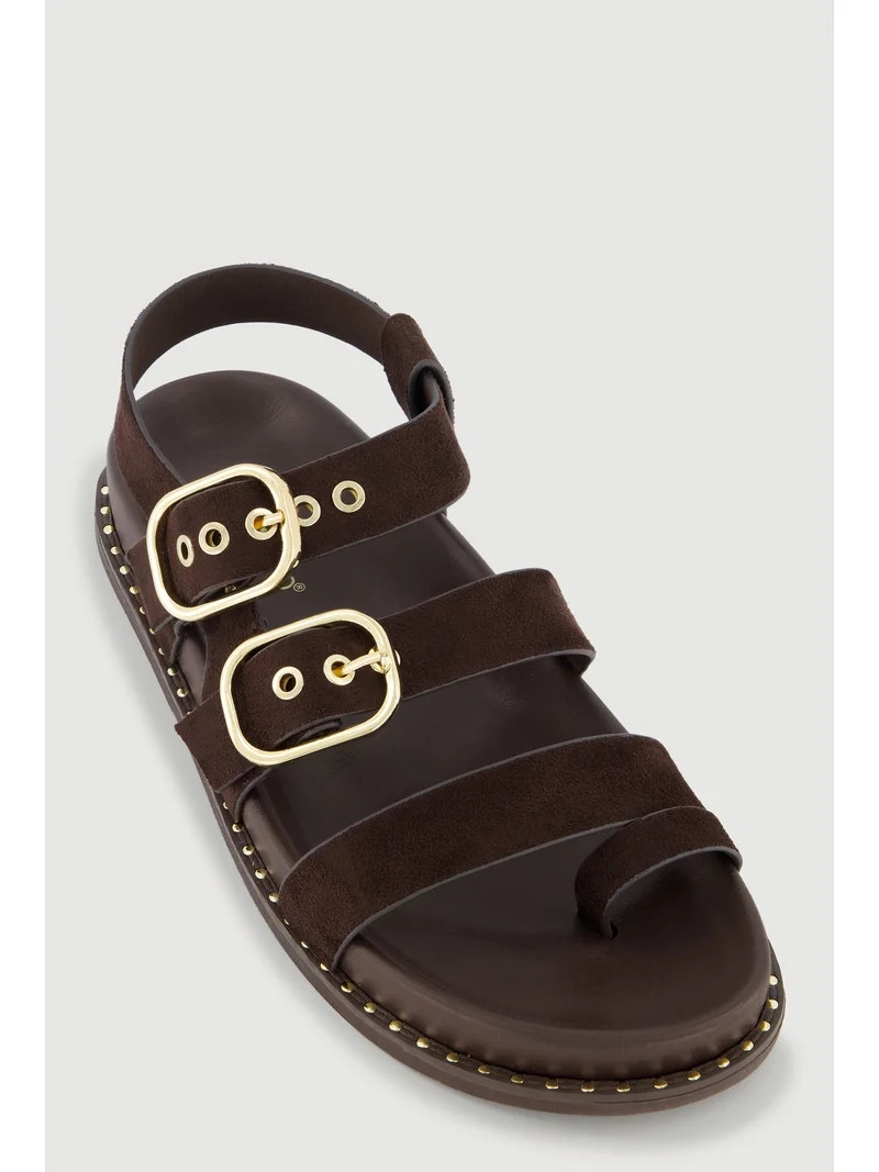 Women's Buckled Studded Trim Faux Suede Toe Loop Slide Sandals | Walmart (US)