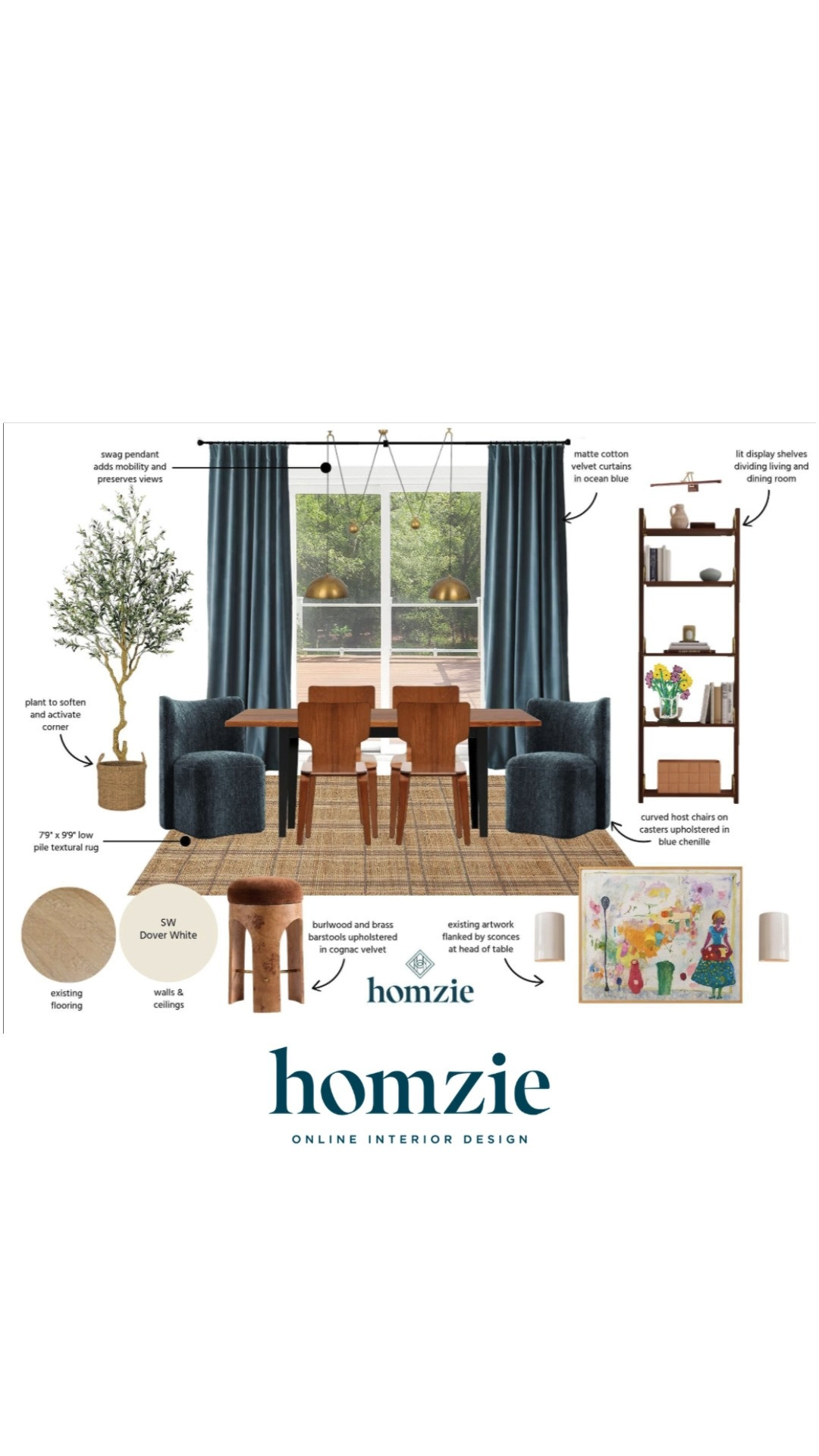 Colorful dining room design featuring jute rug, blue upholstered dining chair, wood dining table, wood shelves, stools, wall art, sconces, curtains, floor tree, decor, etc.

#LTKFinds #LTKHome #LTKFavorites #HomeStyleDaily 

 #LTKHome