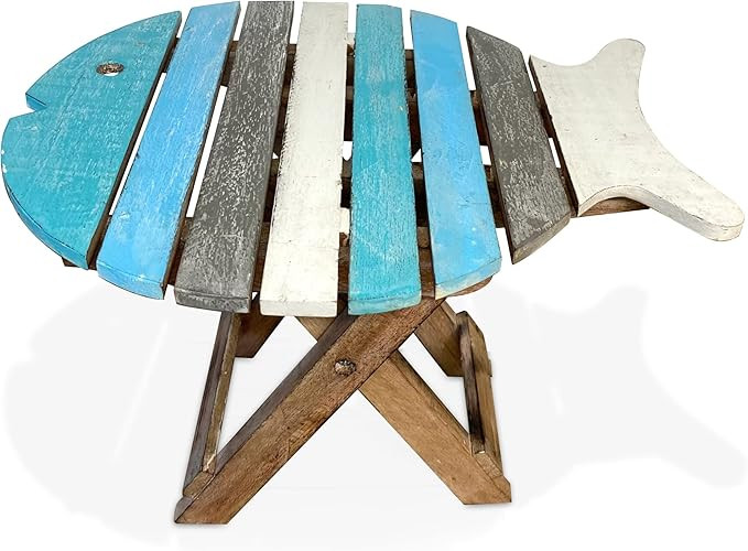 Small Wooden Folding Fish Shaped Side Table with Distressed Finish | Blue and Whitewash Wood Colo... | Amazon (UK)