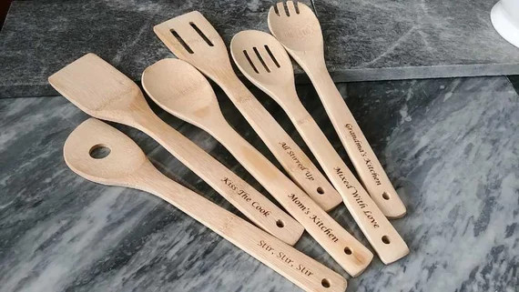 Personalized Wooden Bamboo 6 pc Utensil Set, Mixing Spoons, Baking Spoons Laser Engraved | Etsy (US)