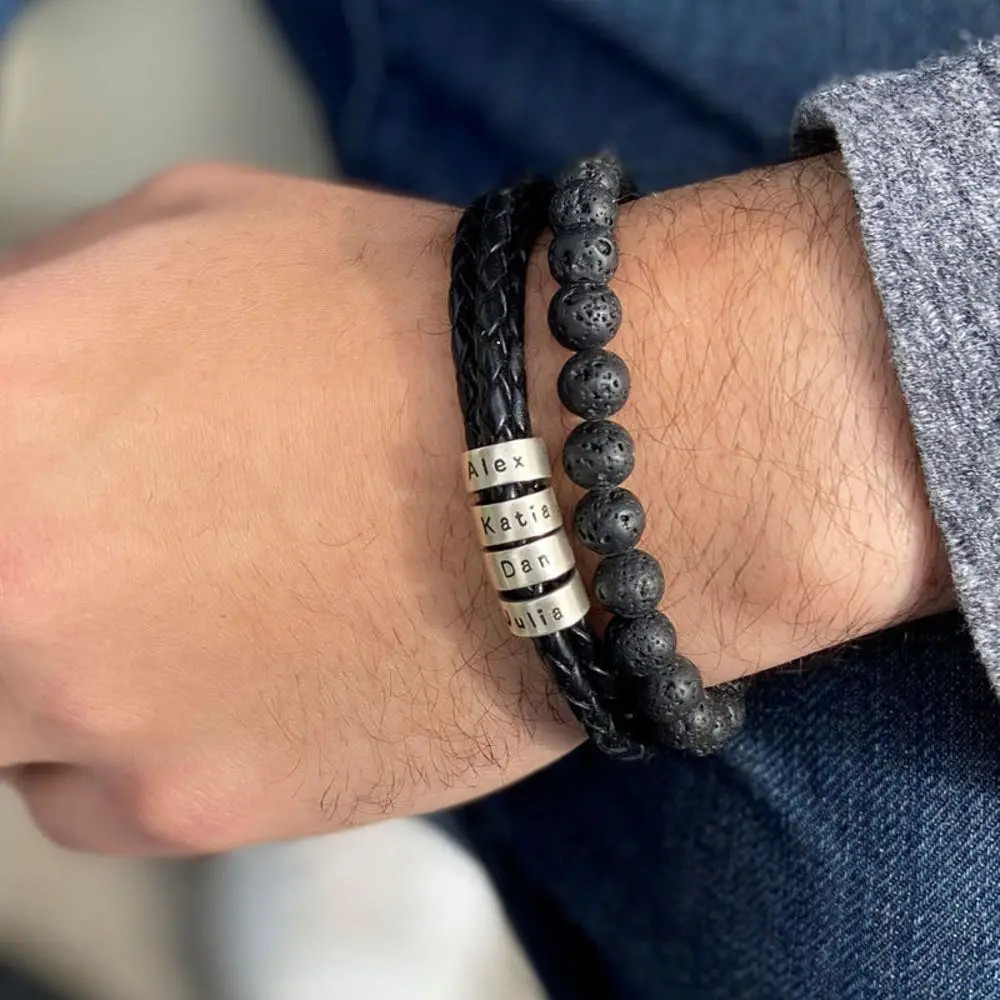 Navigator Braided Leather Bracelet for Men with Custom Beads in Sterling Silver | MYKA