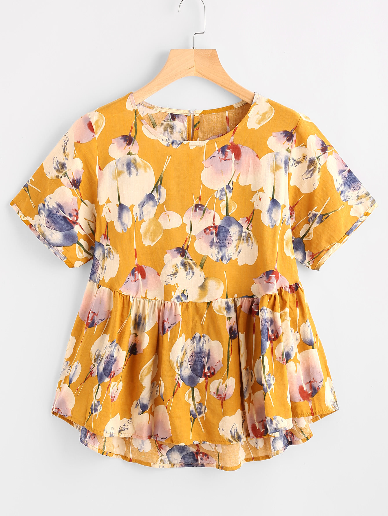 Flower Print Keyhole Back Dip Hem Smock Blouse | SHEIN