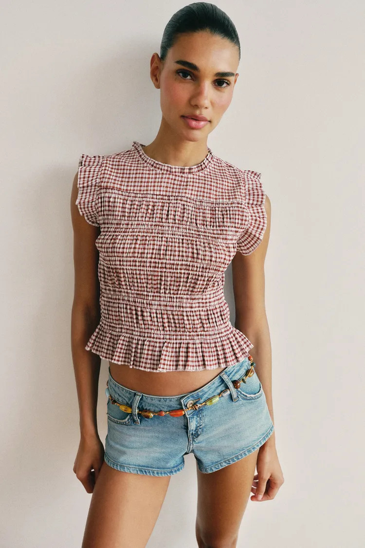 GINGHAM SMOCKED TOP | Zara US