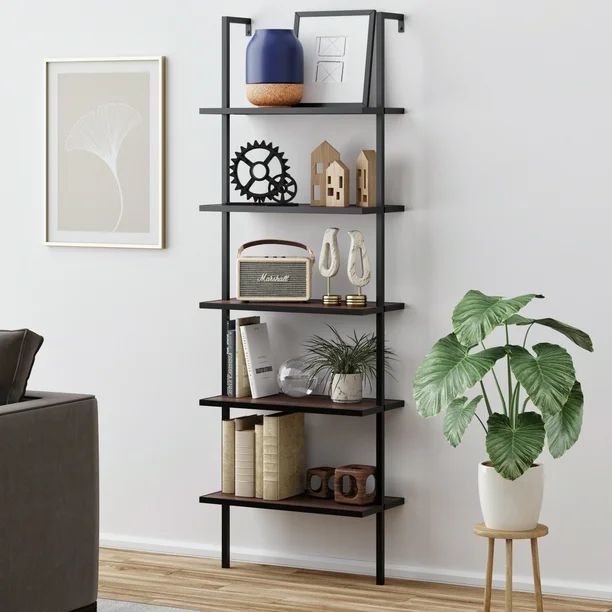 Nathan James Theo 5-Shelf Ladder Bookcase Walnut Brown Wood Black Metal Frame | Walmart (US)