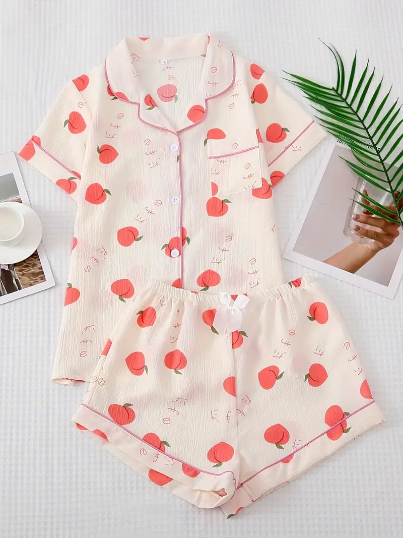 Women's Peach Print Pajama Set - Cute Lapel Buttons Top and Bow Shorts for Comfortable Sleep and ... | Temu Affiliate Program