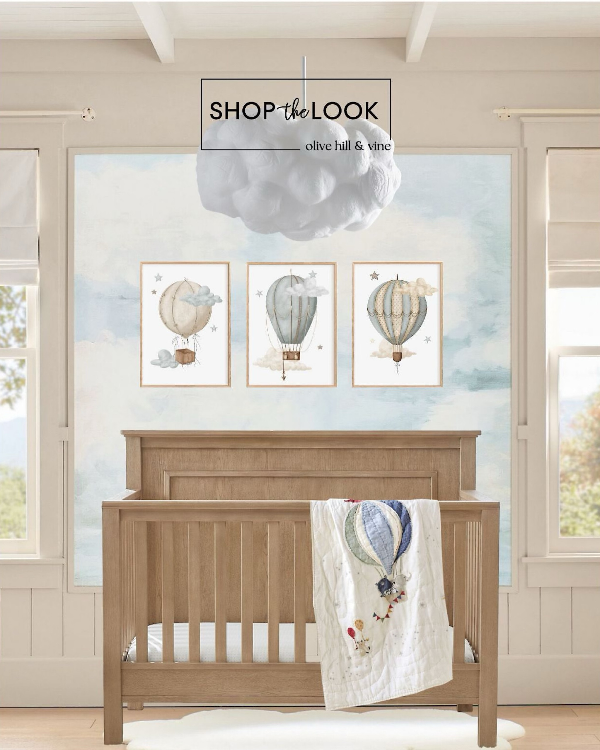 Float into serenity with our dreamy cloud-themed nursery! Featuring a soft cloud rug, whimsical cloud chandelier, and charming hot air balloon trio artwork, this design wraps your little one in tranquility. A cloud mural sets the backdrop, complemented by a versatile convertible crib. 

#LTKBaby #LTKBump #LTKHome
