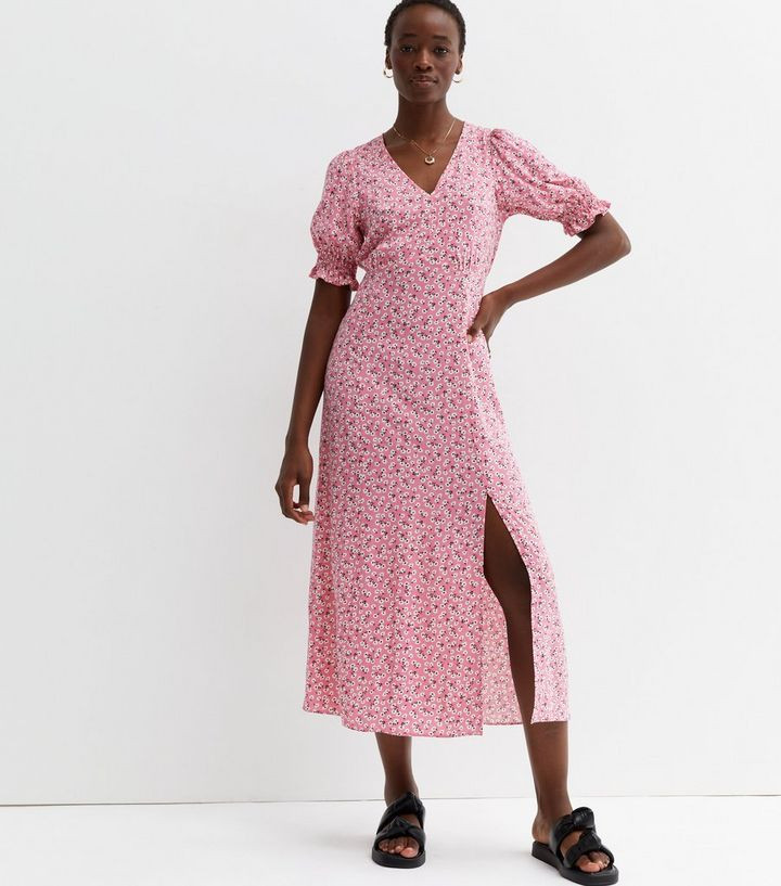 Tall Pink Ditsy Floral Puff Sleeve Split Hem Midi Dress
						
						Add to Saved Items
						Rem... | New Look (UK)