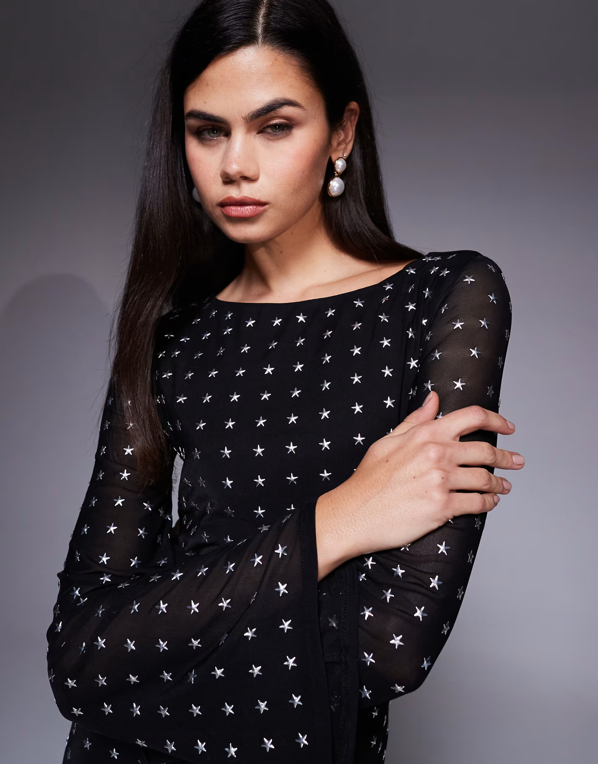 ASOS DESIGN angel sleeve star embellishment mini dress in black | ASOS (Global)
