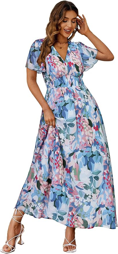 Simplee Women's Boho Floral Maxi Dress Flowy Casual V Neck Short Sleeve Wedding Guest Holiday Bea... | Amazon (US)