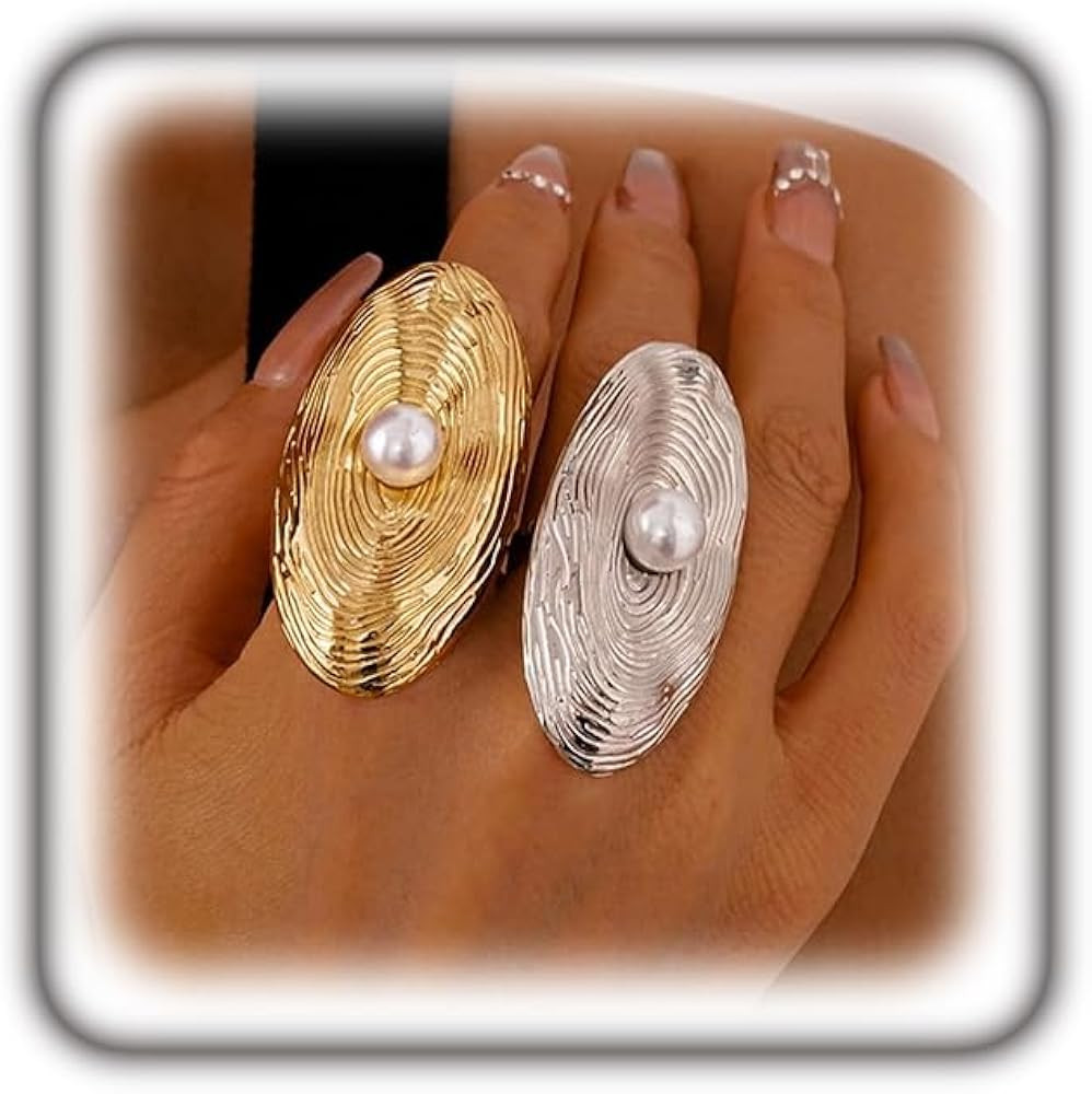 GIGB PBDK Chunky Statement Rings for Womenk,Large Gold Stackable Pearl Rings Trendy Oval Mixed Me... | Amazon (US)