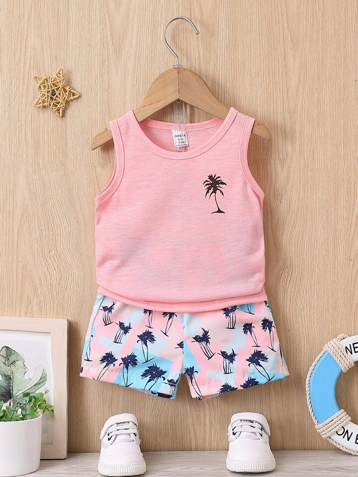 Baby Boy Coconut Tree Print Tank Top & Shorts | SHEIN