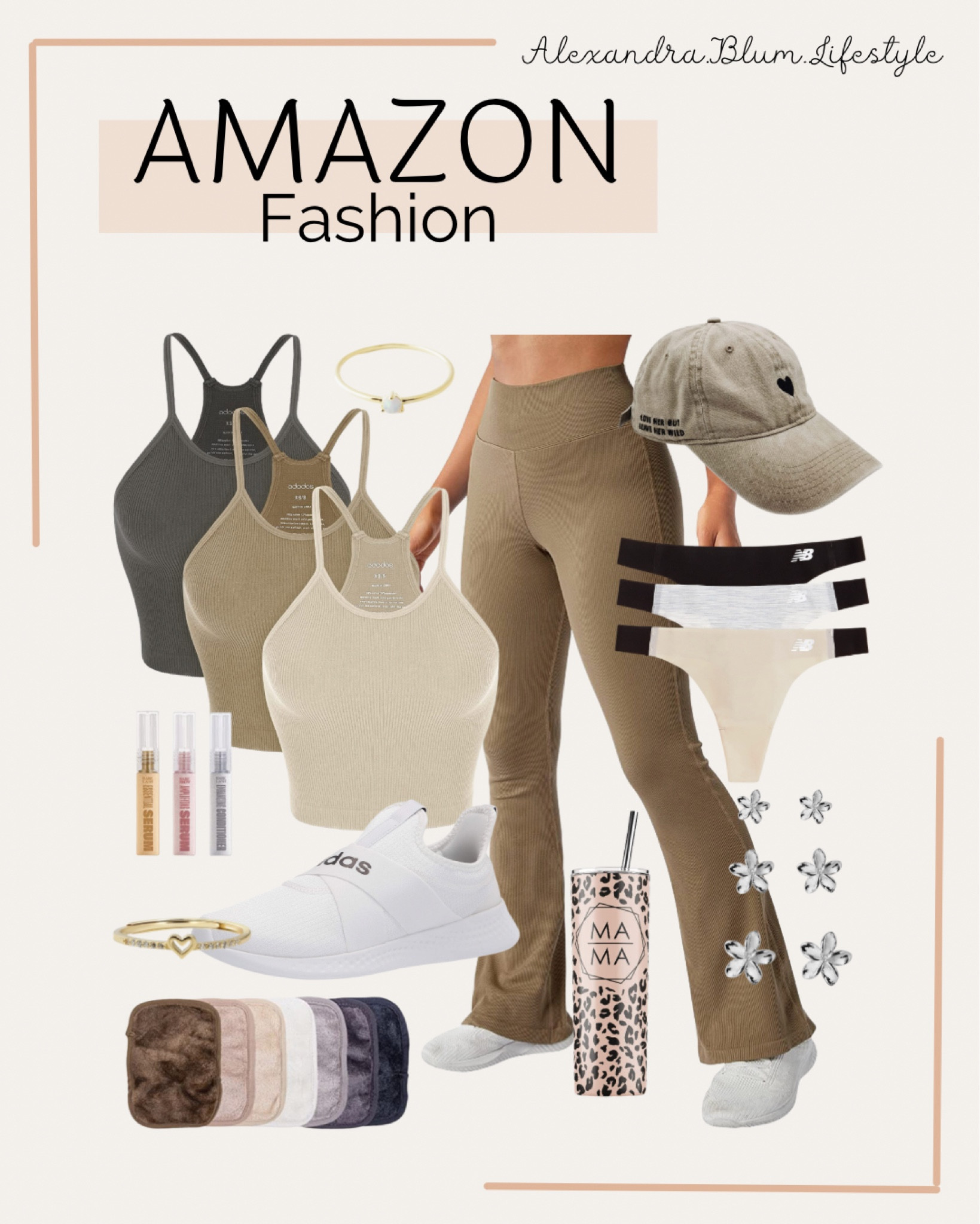 Amazon fashion finds! Athletic lounge style wear! 3 pack tank tops, beige brown flare yoga pants, tongs, flower stud earrings, sneakers, makeup remover cloths, baseball cap, tumbler, essential oils, and dainty rings! Amazon favorites! Amazon bestseller 

#LTKfit #LTKsalealert #LTKunder100