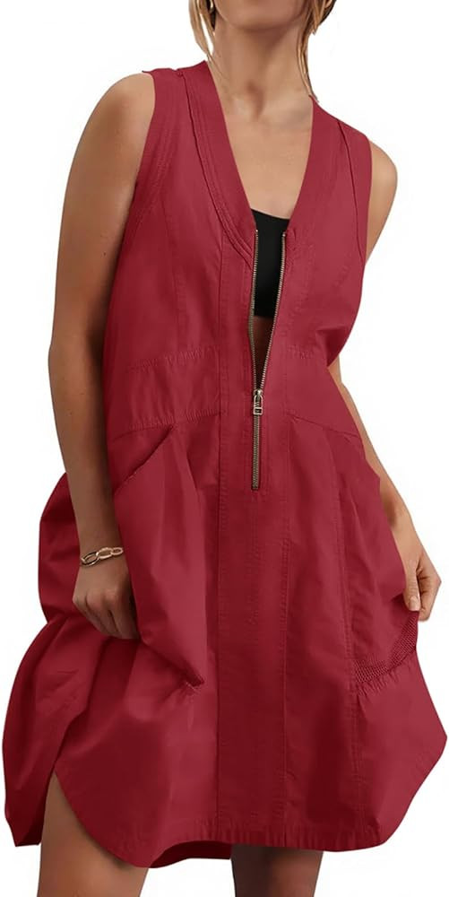 Fisoew Women's Sleeveless Tank Mini Dress Casual Half Zip V Neck Loose Mesh Back Utility Summer D... | Amazon (US)