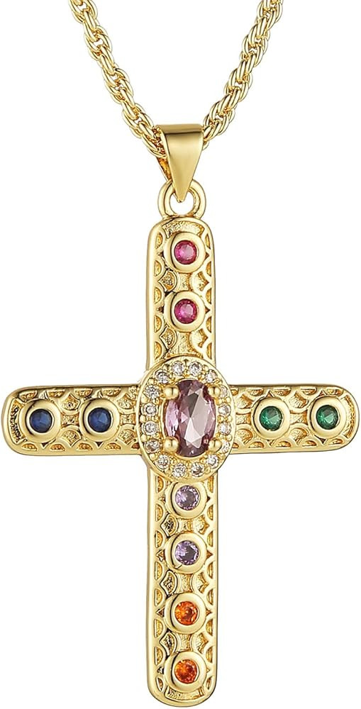 HZMAN Gold Cross Necklace for Women 18K Gold Plated Necklace Dainty Retro Cubic Zirconia Cross Ne... | Amazon (US)