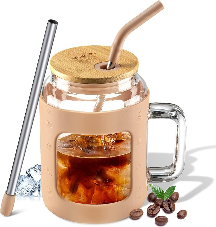 VOKOVO 32oz Glass Tumbler with Bamboo Lid and Straw, Glass Water Bottles with Time Marker, Iced C... | Amazon (US)