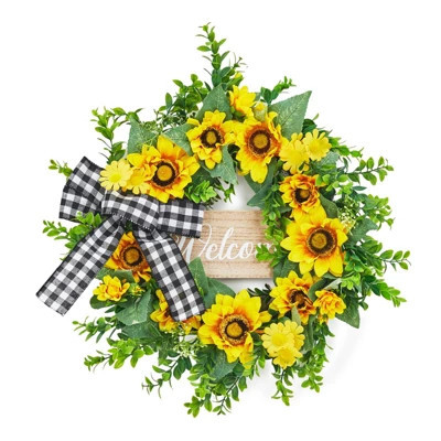 20" Sunflower Wreath for Front Door, Spring Summer Farmhouse Wreath with Welcome Sign and Plaid Bow, Easter Door Decor | Target