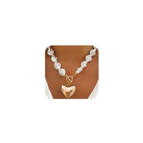 Statement Chunky Gold Heart Pendant Necklace for Women Trendy Boho Baroque Pearl Chain Choker Big Silver Love OT Buckle Necklaces Party Prom Jewelry Gift (Gold) | Amazon (US)