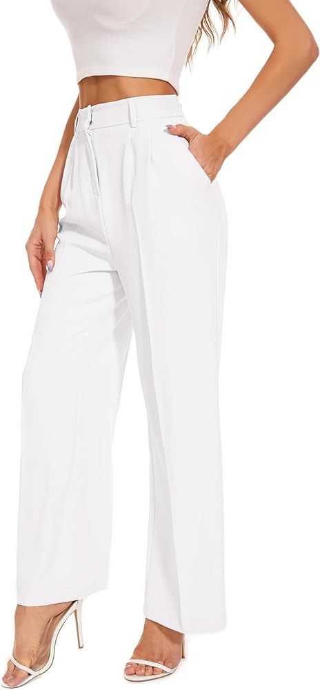 FUNYYZO Wide Leg Pants Women's High Elastic Waisted in The Back Business Work Trousers Long Strai... | Amazon (US)