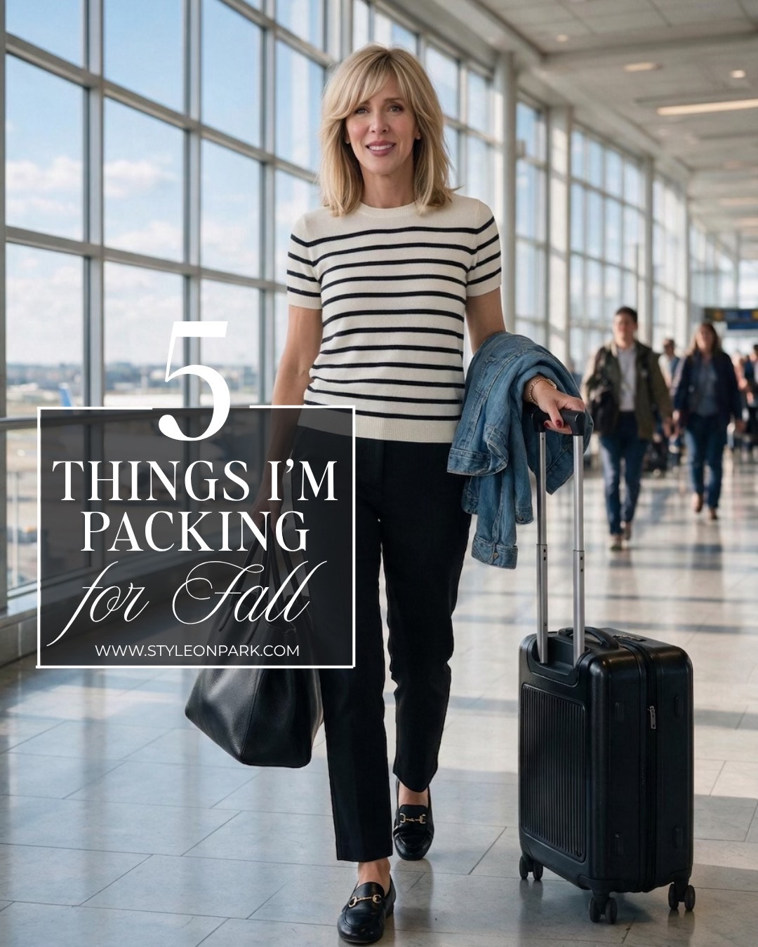 Here is what I am packing for fall trips:

🧥A denim jacket that feels fresh and modern.  A versatile layer that can go from coffee to a night out. 

👚Cashmere Tees.  These are such great layering pieces. And tables under $50, I have bought them in several colors.  

👖The easiest, everyday pant that travels SO well. Pull-on style, straight-leg, so no pooling at your ankles in public restrooms. 

👜A leather tote that fully zips.  I never travel with any bag that does not fully close.  This one has a ton of compartments.  Plus, it’s harder for someone to reach in and grab something when it’s fully zipped.  And, if you hit turbulence on your flight, you won’t be hunting for your items down the aisle and under seats. 

🥿A leather horsebit loafer is such a classic staple.  I’m wearing Gucci loafers in my main photo but also own these and they are just as comfy.  The point is this - opt for a leather shoe that molds to your foot.  Synthetic materials will crack over time and, often,  are not as comfortable for long days of walking.

#travelstyle
#airportoutfit
#airportstyle 
#packinglist
#travelessentials

#LTKSeasonal #LTKTravel #LTKWorkwear