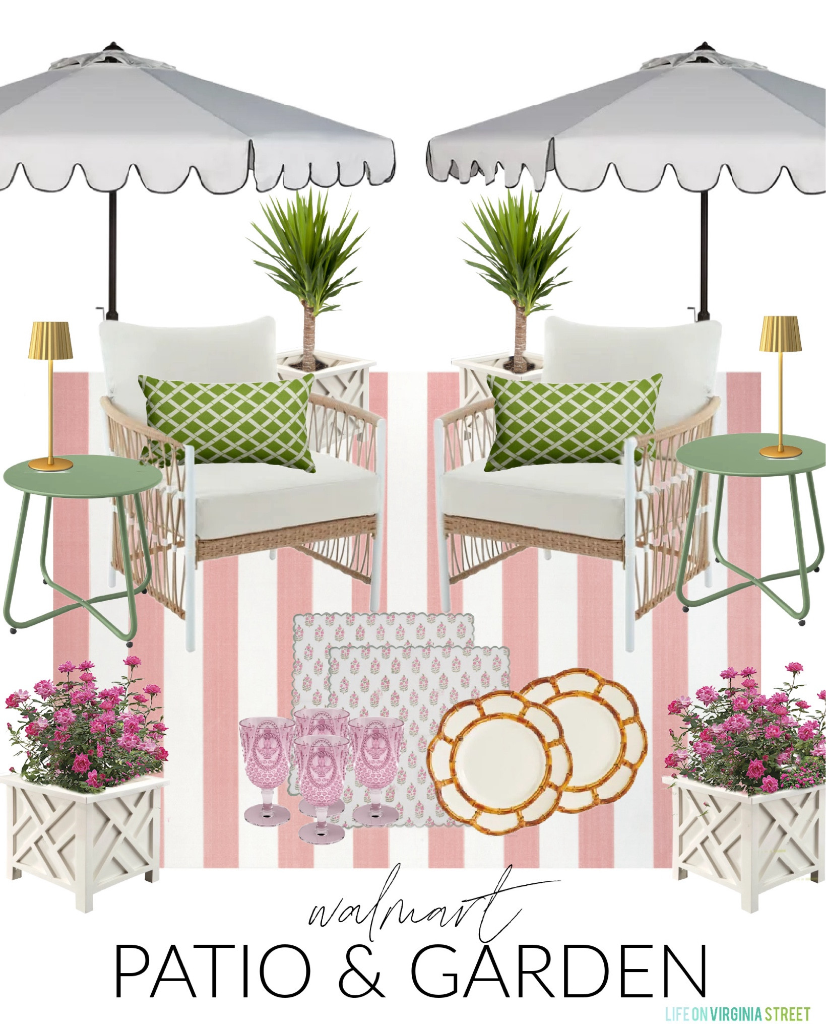 Loving these Walmart outdoor furniture finds! I’m sharing a bunch of design boards today including this Palm Beach inspired pink and green patio with white scalloped umbrellas, outdoor armchairs, pink striped outdoor rug, green metal side tables, green trellis outdoor pillows, chippendale planters, gold cordless lamps, pink acrylic goblets, bamboo style melamine plates, block print place mats, and more! See more design ideas here: https://lifeonvirginiastreet.com/walmart-outdoor-furniture-design-boards/.
.
#ltkhome #ltkseasonal #ltksalealert #ltkstyletip #ltkfindsunder100 #ltkfindsunder50 patio decor, outdoor decor, patio conversation set, Serena & Lily look for less, Palm Royale outdoor furniture 

#LTKHome #LTKSeasonal #LTKSaleAlert