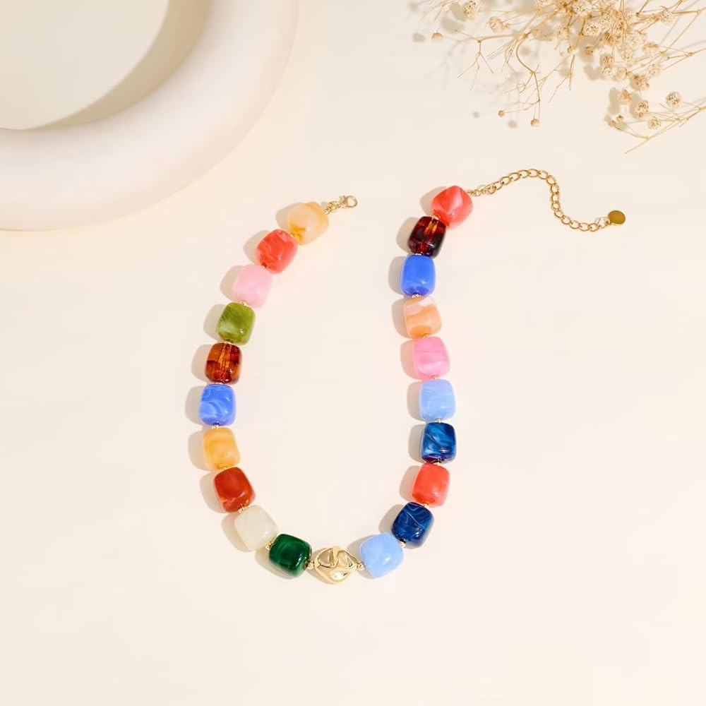 Colorful Chunky Necklaces for Women Multicolored Large Square Acrylic Beads Necklace Trendy Bold ... | Amazon (US)