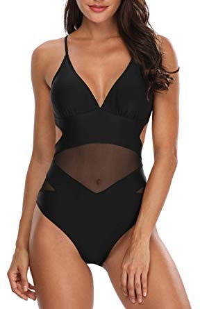 Holipick Women One Piece Swimsuits High Waisted V-Neckline Mesh Ruched Cutout Swimwear | Amazon (US)
