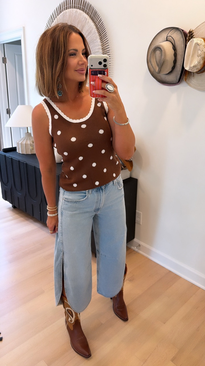 amazon polka dot tank, tulip jeans, tecovas sadie boots, and goldie lew jewelry ♥️

#LTKootd #LTKSaleAlert #LTKBeauty