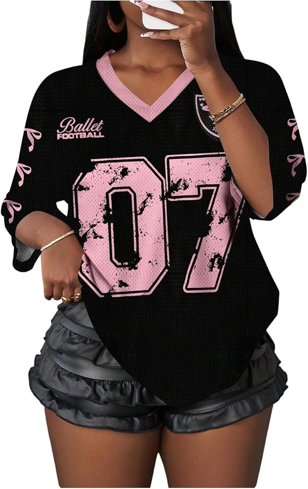 WDIRARA Women's Plus Size Jerseys Number Graphic Oversized Tee Shirts Crew Neck Short Sleeve Tops... | Amazon (US)