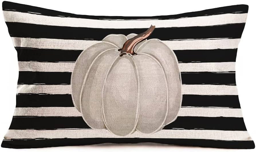 Fall Decor Grey Pumpkin Throw Pillow Covers 12x20 Inch White Black Stripes with Pumpkins Seasonal... | Amazon (US)