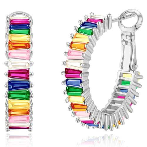 GLOQUAT Colorful Crystal Hoop Earrings Silver Plated Rainbow Hoops for Women 925 Sterling Silver Post Vintage Colorful Cubic Zirconia Fashion Round Circle Hoops Trendy Pride Earrings Jewelry 25mm | Amazon (US)