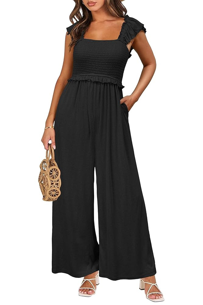 OUGES Jumpsuits for Women Casual Summer Overalls Ruffled Sleeve Strap Wide Leg Pant Rompers with ... | Amazon (US)