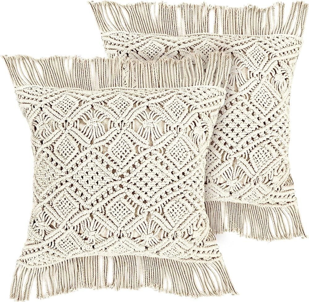 LIVALAYA Macrame Pillow Covers - 20 X 20 Inches Set of 2 Ivory Boho Throw Pillow Covers, Farmhous... | Amazon (US)