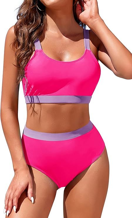 Womens High Waisted Bikini Sets Sporty Crop Top Color Block Swimwear Bandeau Scoop Neck Vintage T... | Amazon (US)