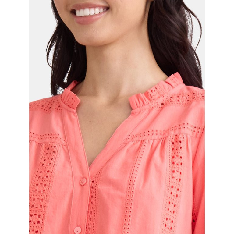 Time and Tru Women's Eyelet Embroidered Peasant Blouse, Sizes XS-XXXL | Walmart (US)