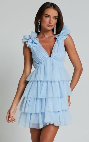 Hayden Mini Dress - Low Back Tulle Tiered Dress in Light Blue | Showpo (US, UK & Europe)