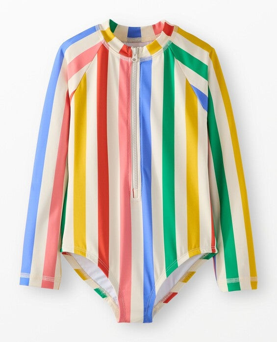 Girls' Ecru Multi Stripe One-Piece Rash Guard Swimsuit - Size Big Kids 8 by Hanna Andersson | Hanna Andersson