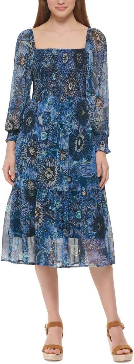 Vince Camuto Womens Petites Smocked Print Midi Dress | Amazon (US)