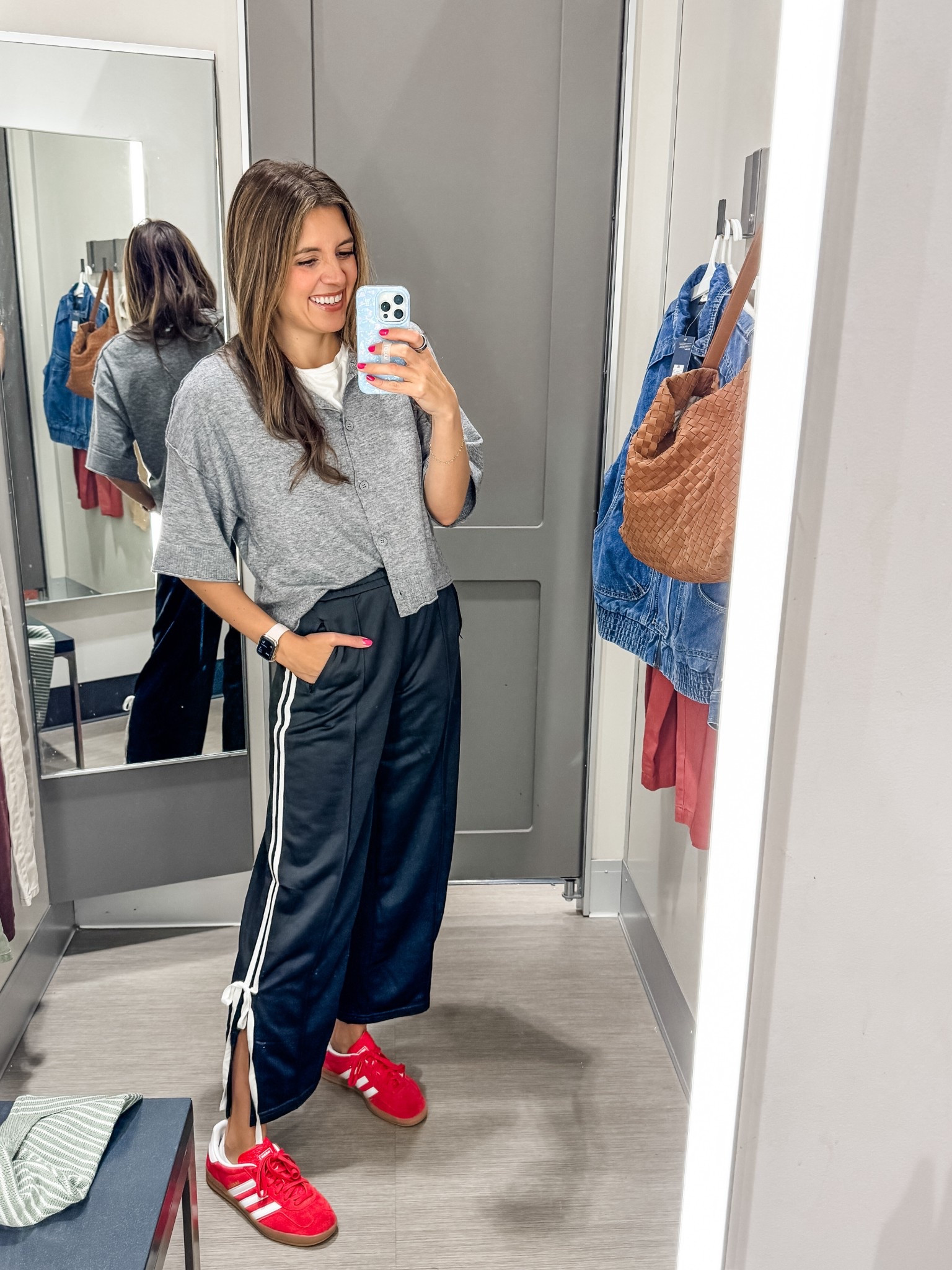 One of my favorite go-to fall outfits— track pants with a bow and short sleeve cardigan. Red adidas 

#LTKOver40