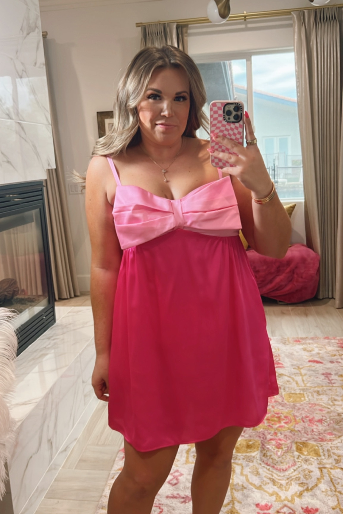 curvy pink and red colorblock bow satin slip dress! wearing size xl 

#LTKcurves #LTKSeasonal #LTKFind