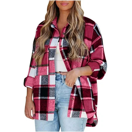 Women s Single-breasted Plaid Shirt Women s Long-sleeved Shirt Woolen Coat Oversized Jacket Plus Siz | Walmart (US)